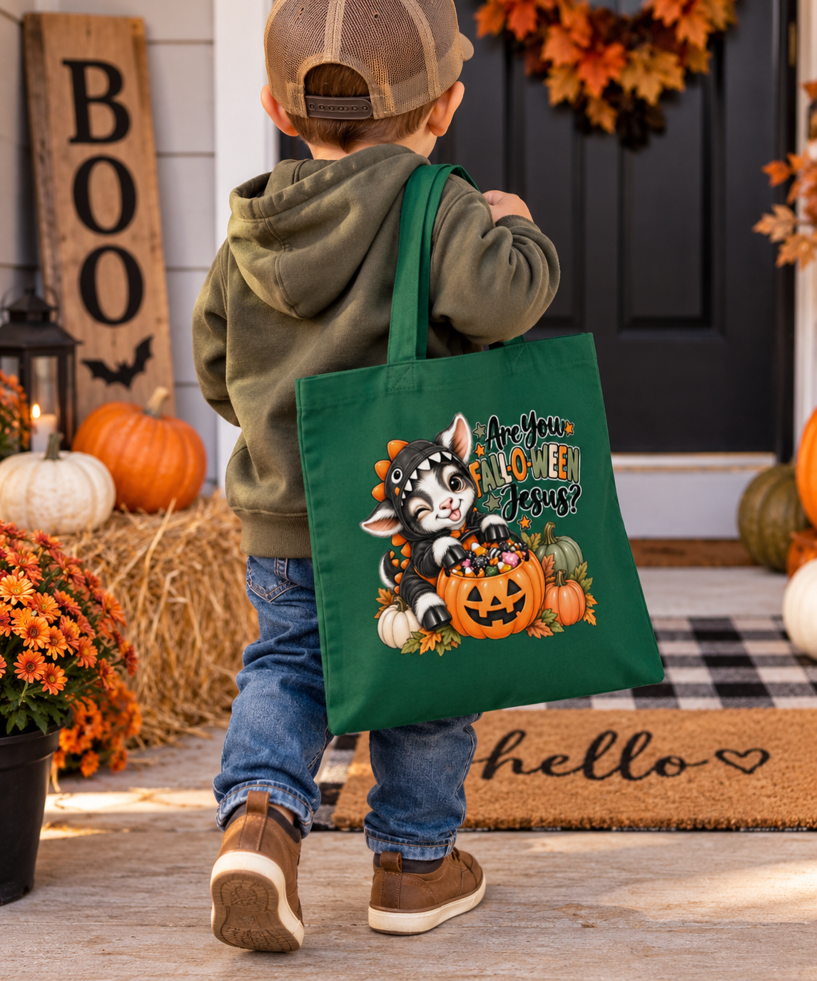 Christian Fall Candy Tote Bag for Boys | Fall-O-Ween Jesus Goat Bag | Dinosaur Trick or Treat Bag | Kids Fall Festival Tote