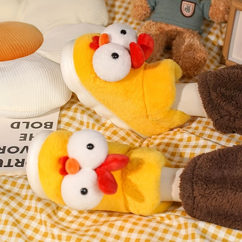 Women's Chicken Slippers - Plush Corduroy House Shoes with Thick Non-Slip EVA Sole, Cute Yellow & Red Comb, Indoor/Outdoor Winter Slippers, Cozy Gift