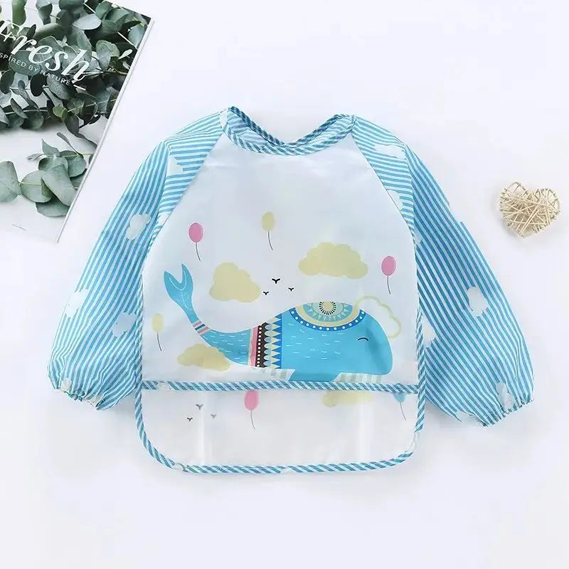 1-Piece Waterproof Baby Eating Smock – Toddler Cartoon Long Sleeve Art Apron, Animal Smock & Soft Feeding Bib for Infants