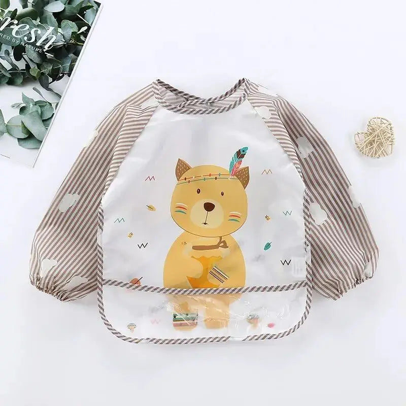 1-Piece Waterproof Baby Eating Smock – Toddler Cartoon Long Sleeve Art Apron, Animal Smock & Soft Feeding Bib for Infants