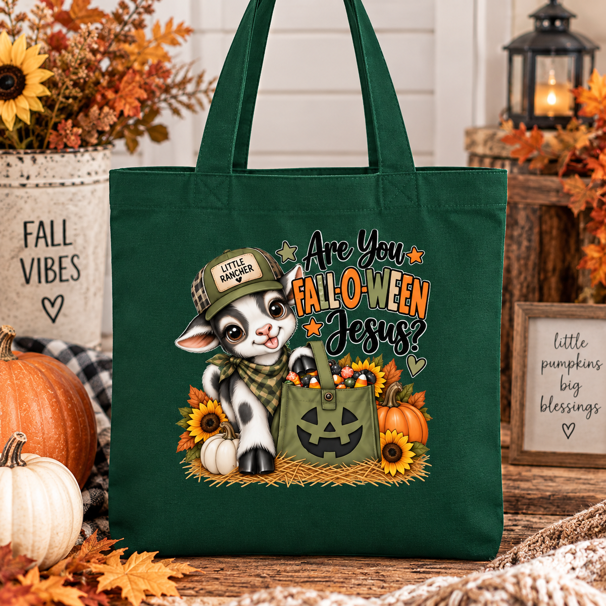 Christian Fall Trick or Treat Tote Bag | Fall-O-Ween Jesus Kids Candy Bag | Little Rancher Goat Tote | Boys Fall Festival Bag