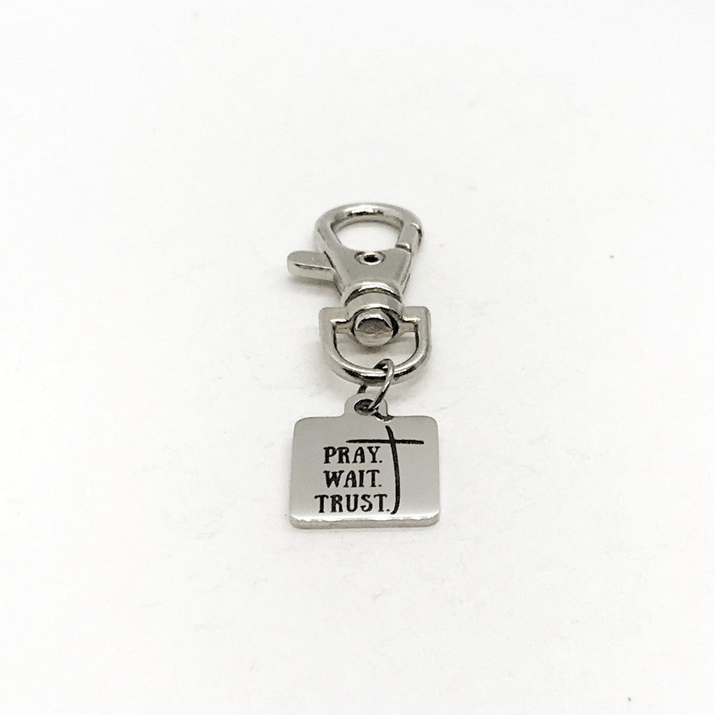Bag Charm, Pray Wait Trust Charm Gift, Faith Quote Gift, Prayer Quote, Christian Gift, Encouragement Gift, Keychain Charm, Purse Charm