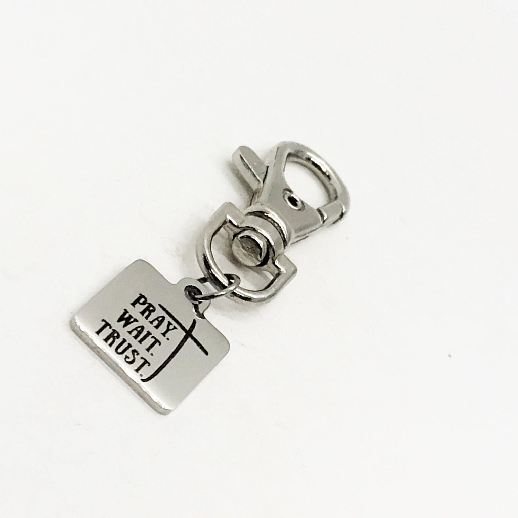 Bag Charm, Pray Wait Trust Charm Gift, Faith Quote Gift, Prayer Quote, Christian Gift, Encouragement Gift, Keychain Charm, Purse Charm