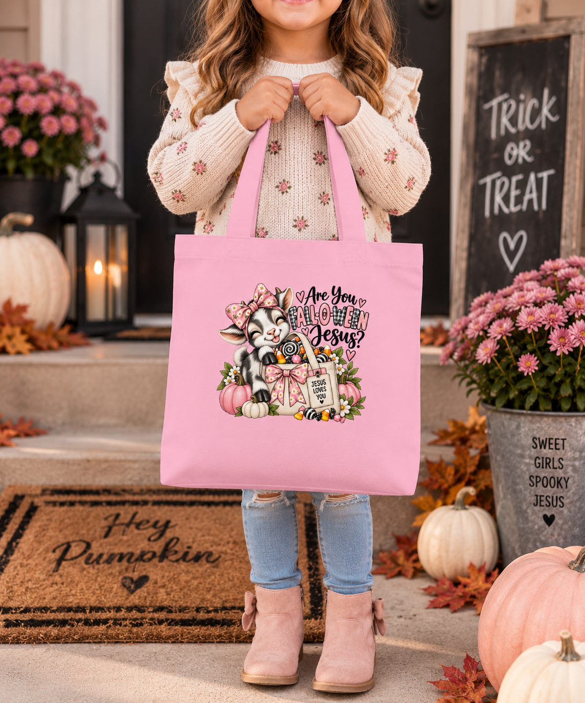 Christian Fall Candy Tote Bag for Girls | Fall-O-Ween Jesus Goat Bag | Faith Based Kids Fall Festival Tote | Church Harvest Bag