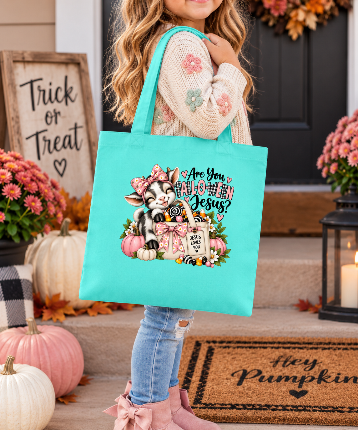Christian Fall Candy Tote Bag for Girls | Fall-O-Ween Jesus Goat Bag | Faith Based Kids Fall Festival Tote | Church Harvest Bag