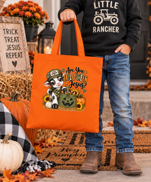 Christian Fall Trick or Treat Tote Bag | Fall-O-Ween Jesus Kids Candy Bag | Little Rancher Goat Tote | Boys Fall Festival Bag