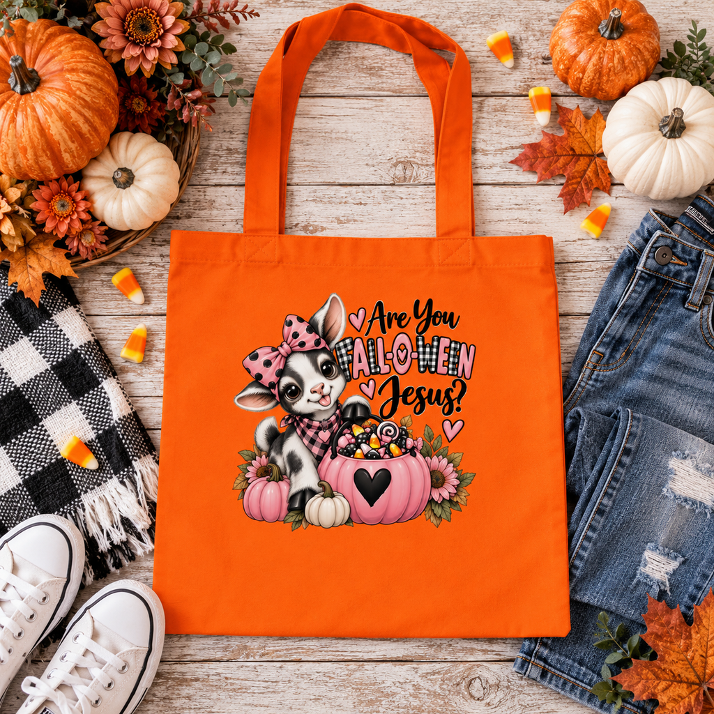 Christian Halloween Trick or Treat Tote Bag | Fall-O-Ween Jesus Kids Candy Bag | Cute Goat Halloween Bag | Girls Fall Tote