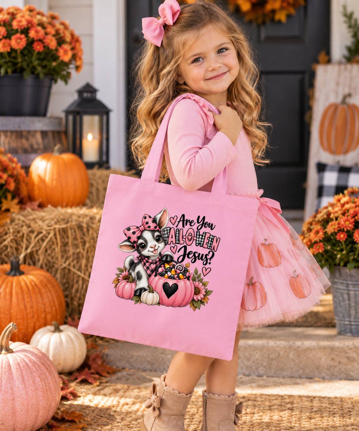 Christian Fall Candy Tote Bag for Girls | Fall-O-Ween Jesus Goat Bag | Faith Based Kids Fall Festival Tote | Church Harvest Bag